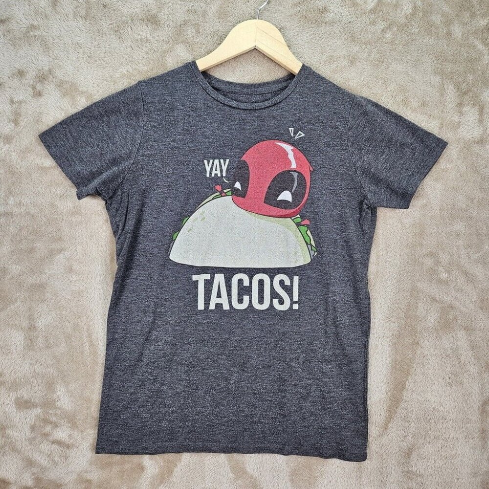 Marvel Deadpool "Yay Tacos!" T-Shirt Women's Size S Gray Comics Tee Short Sleeve